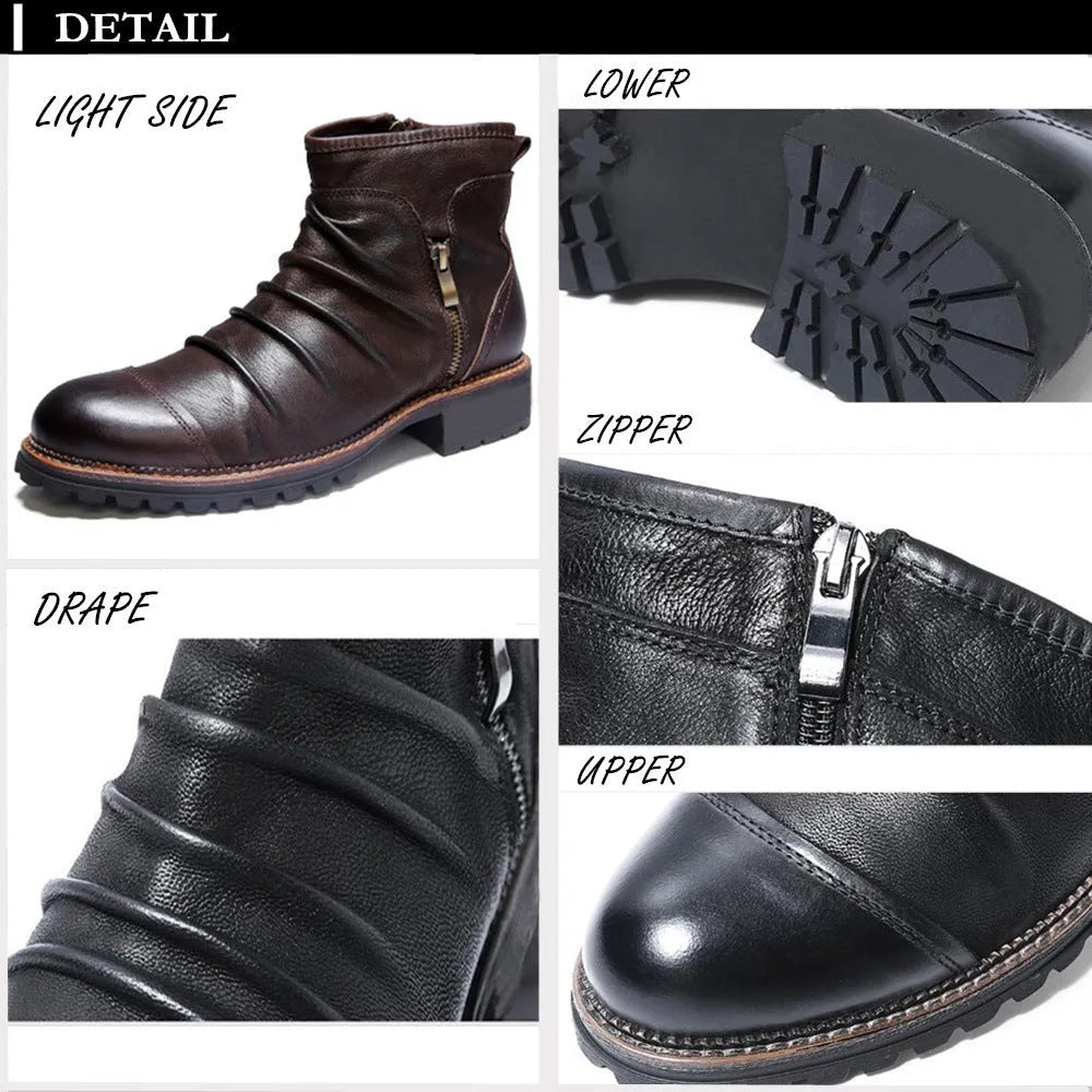 Men's brown embossed PU Martin boots with a side zip and round toe on a plain background.