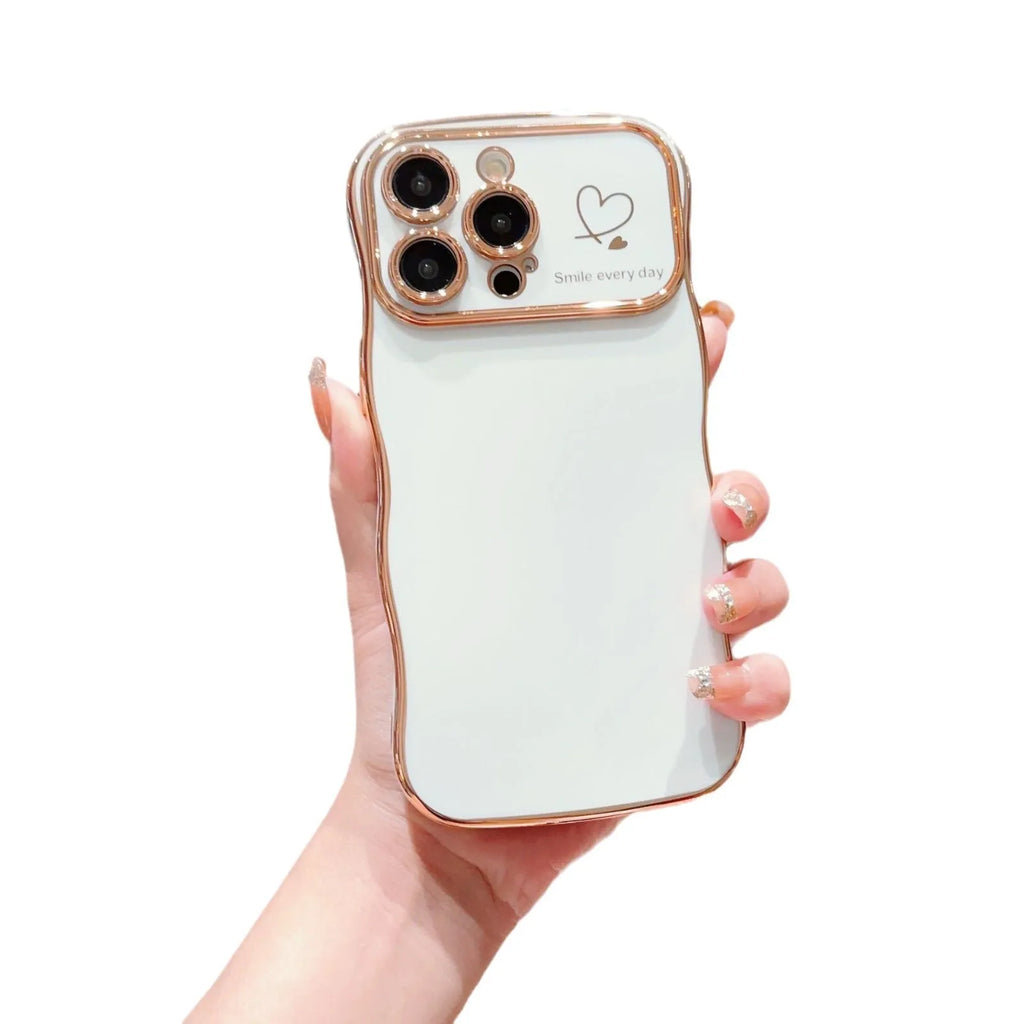 Electroplating wave love large window phone case in black, side view showing back cover and cutouts for iPhone