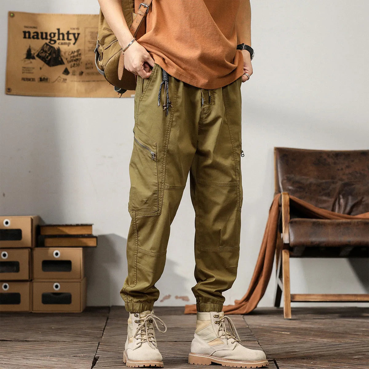 Men's khaki cotton retro overalls with tapered harem style and ankle banded legs