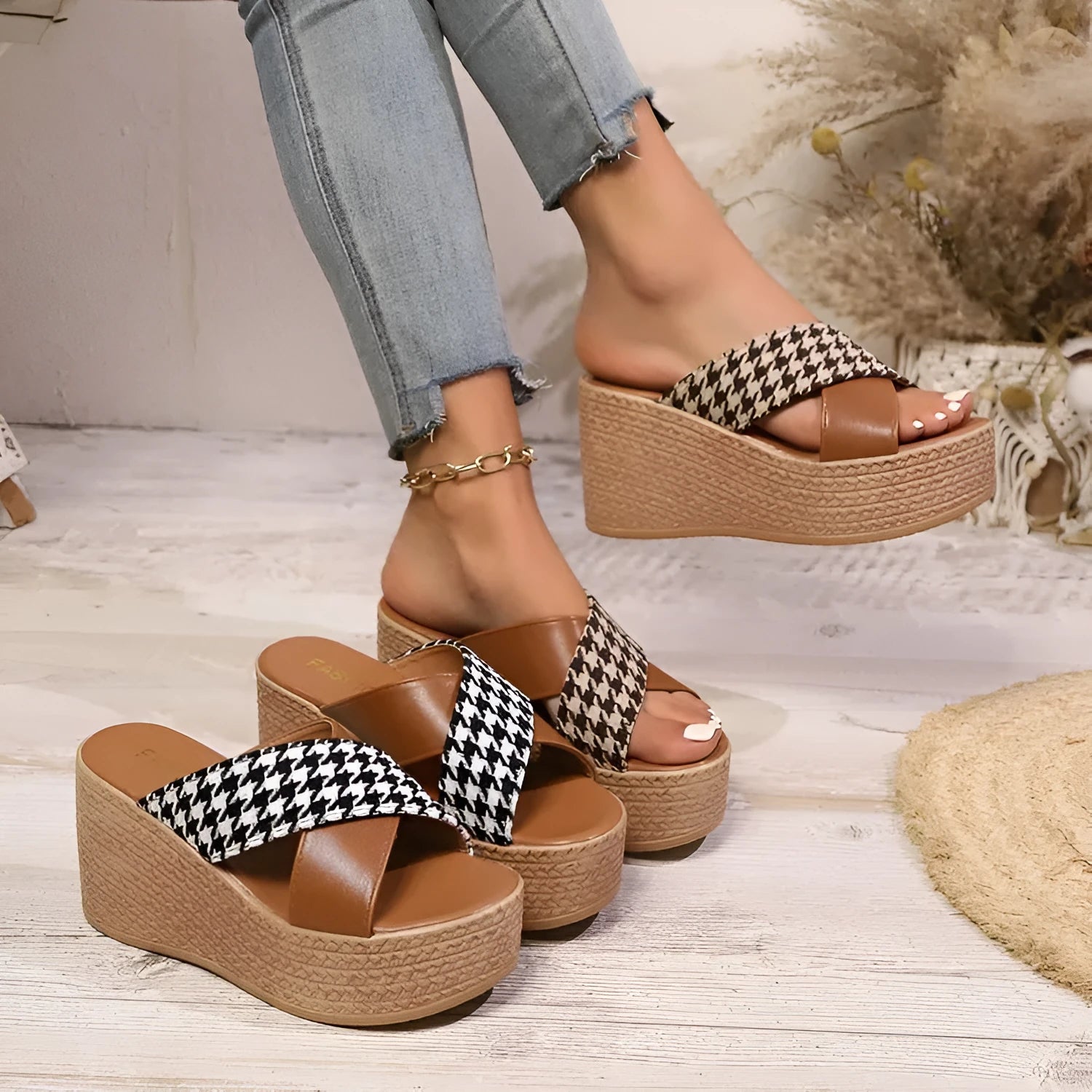 Cross leopard plaid wedge sandals in black and brown colour options with rubber soles