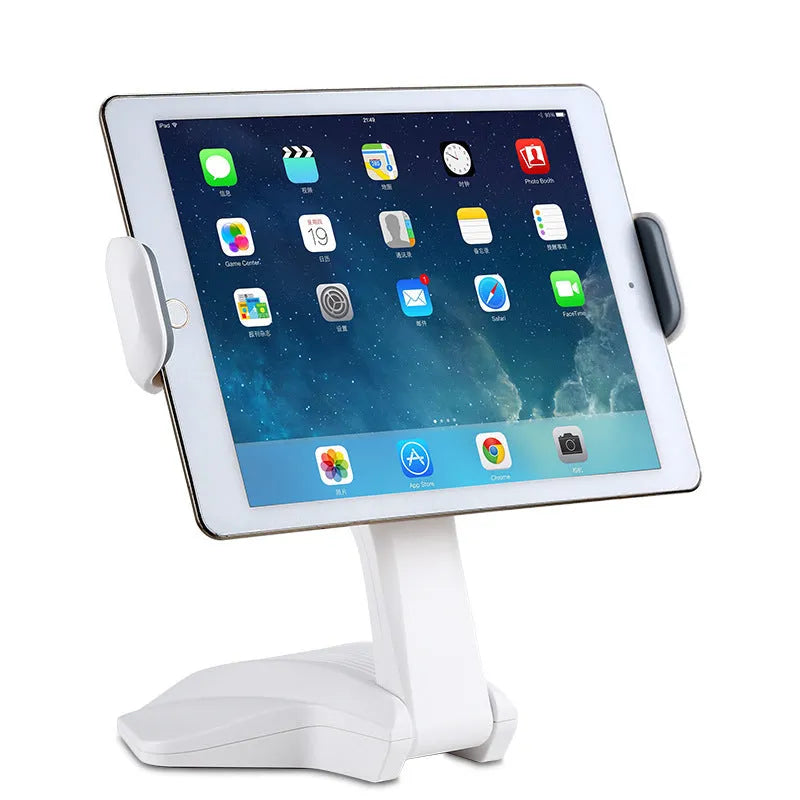 White tablet stand with adjustable clip holding a tablet at 250 mm height