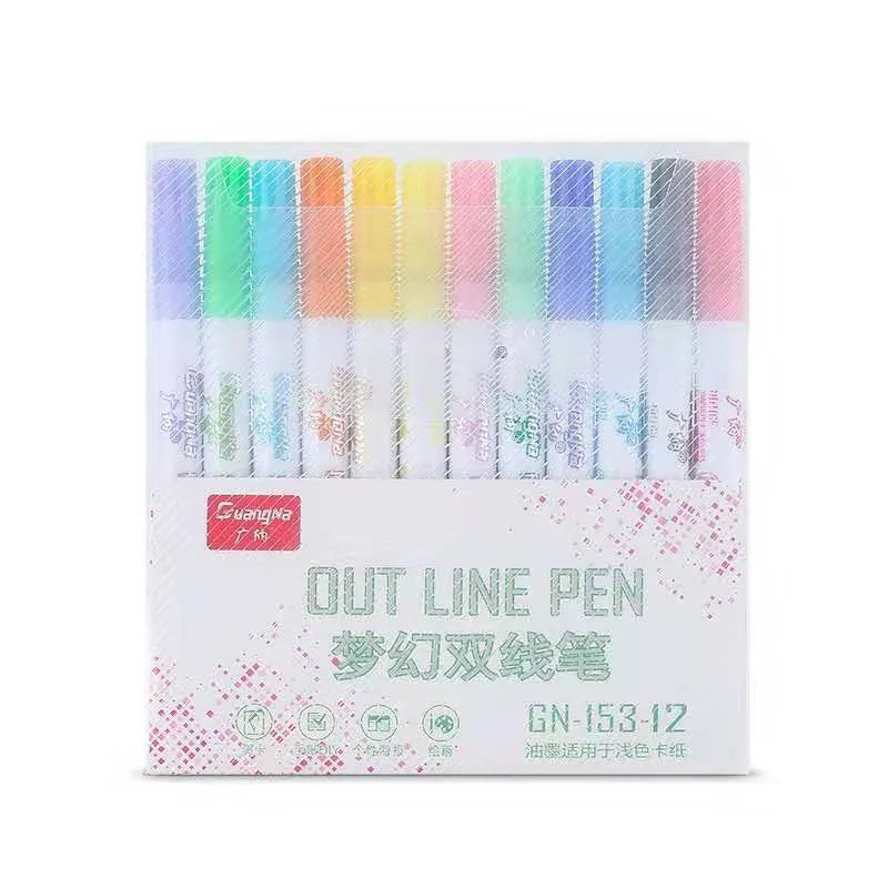 Set of highlighter pens with plastic barrels showing a range of colours, detail of 1mm-2mm nib tip.