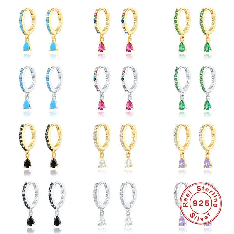 Sterling silver water drop eardrop earring with a coloured stone in a gold or silver plated setting.