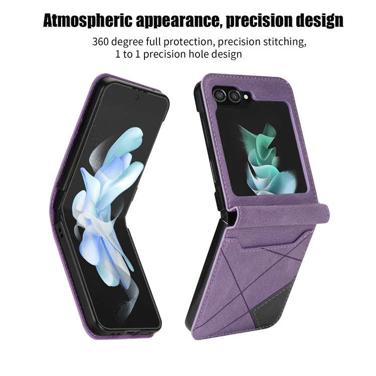Samsung Galaxy Z Flip folding wallet phone case with retro patchwork pattern and card slot.