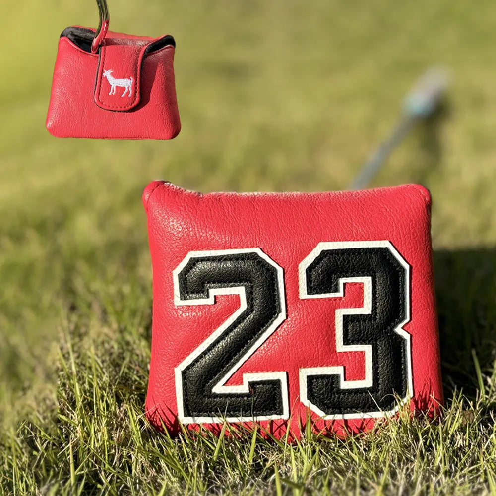 Set of four PU golf club headcovers including a square putter cover and chicken drumstick wood covers
