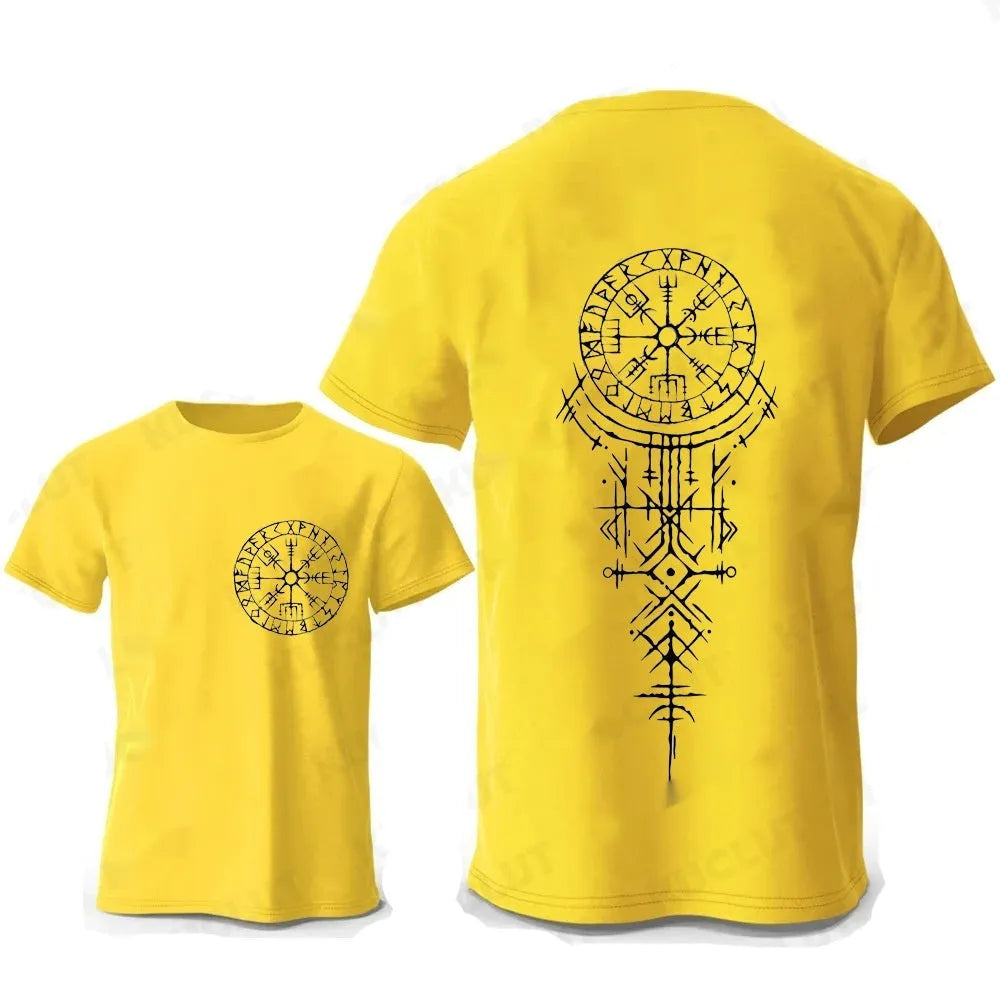 Man wearing a grey t-shirt with a detailed Viking rune compass graphic printed on the chest.