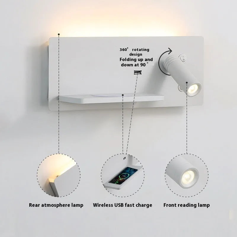 Nordic minimalist wall lamp with warm LED light and wireless charging pad for mobile phone
