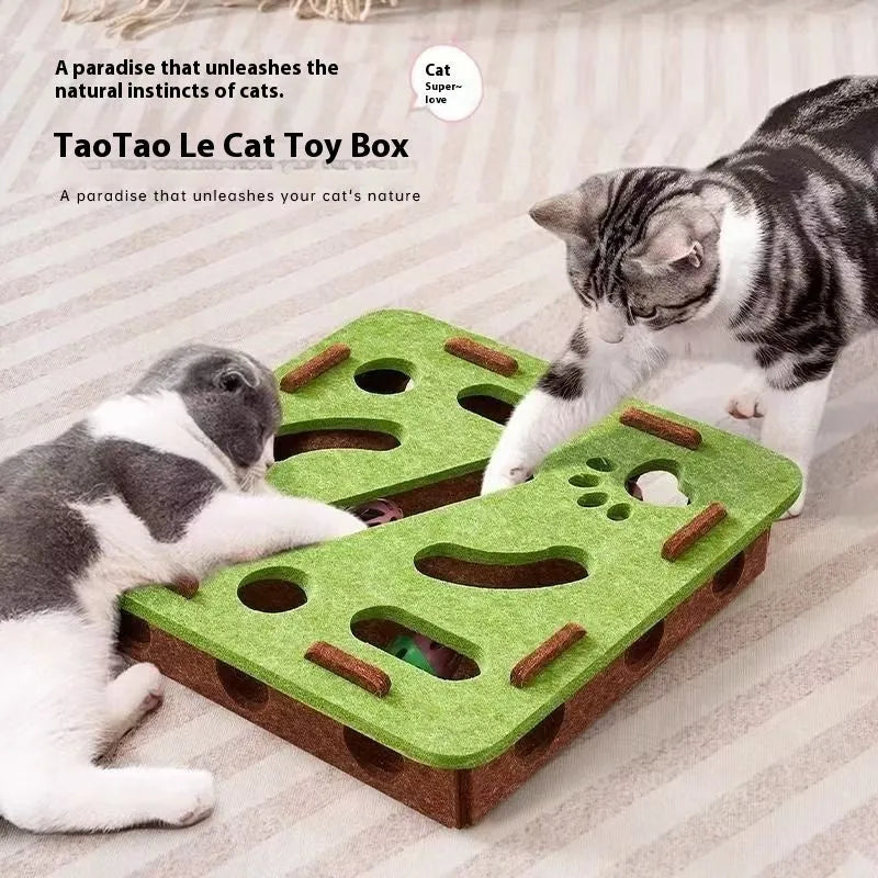 Green brown felt box cat toy with a hole, shown next to a grey and a camel white version, dimensions 30x30x7.5 cm.