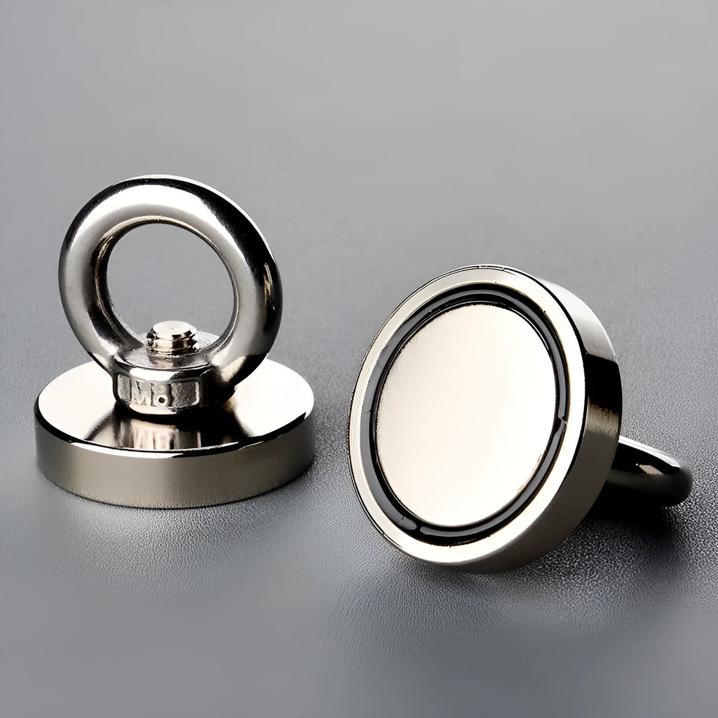 60mm round neodymium iron boron magnet salvage device with 10m rope and ring on a dark background