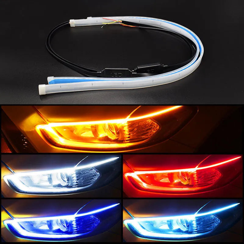 Flexible silicone LED strip light for car daytime running lights and animated turn signals.