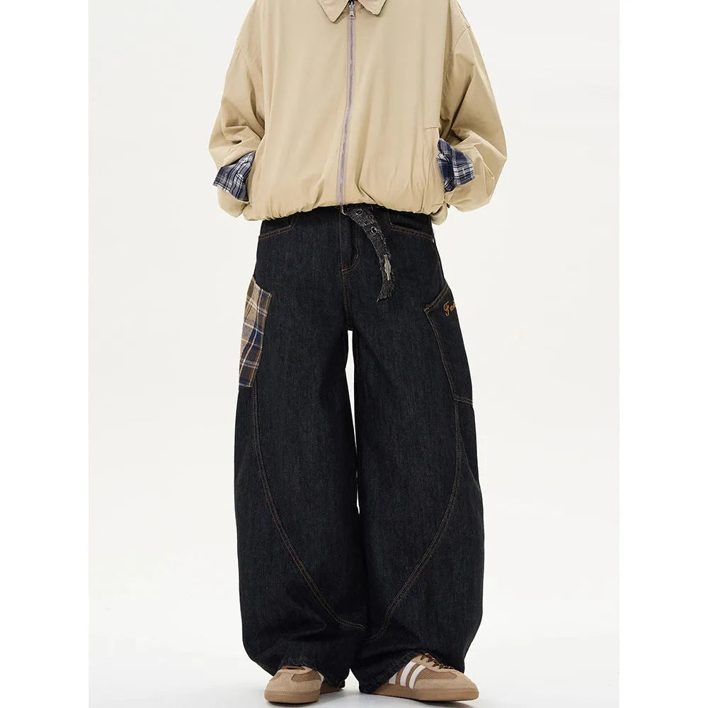 Loose straight-leg cotton trousers in coffee plaid and red plaid patterns showing mid-waist design