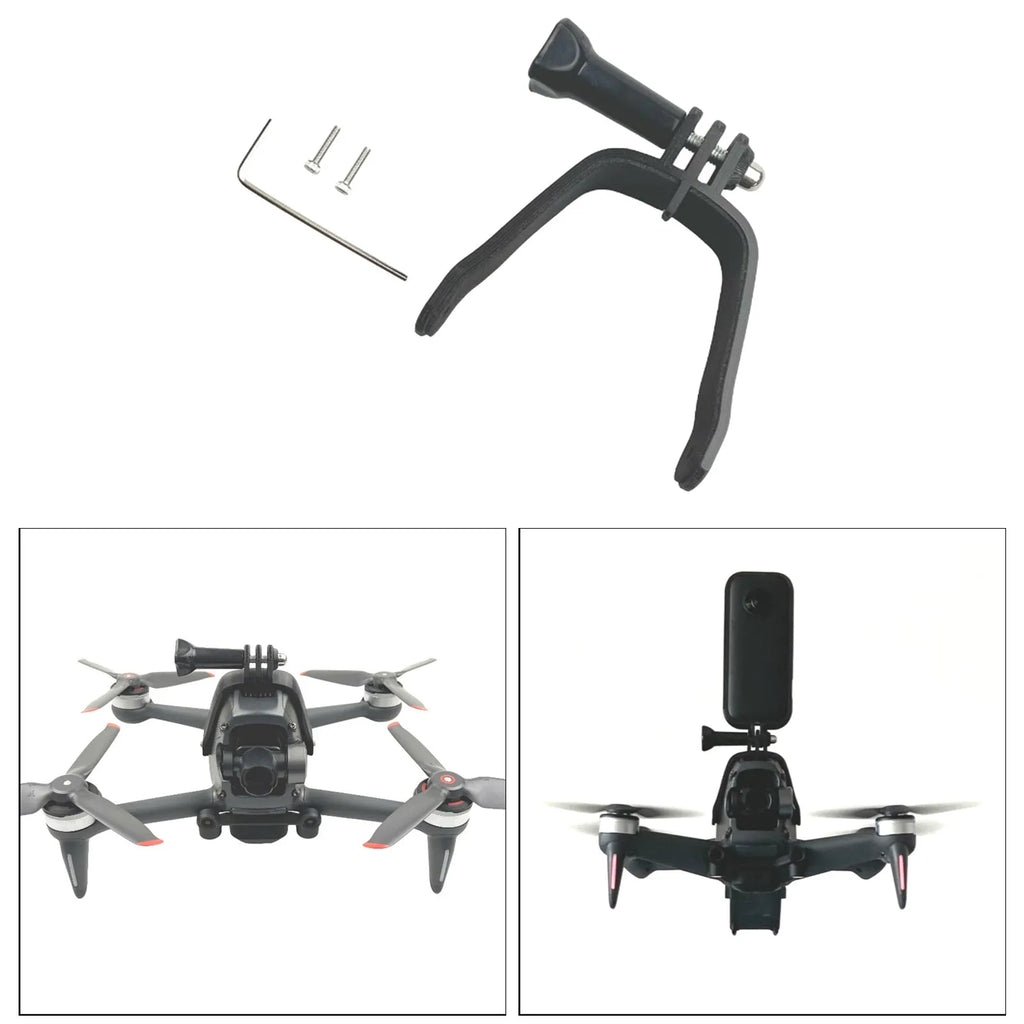 3D printed hard plastic FPV drone expansion bracket with soft sponge for top-mounting GoPro cameras.