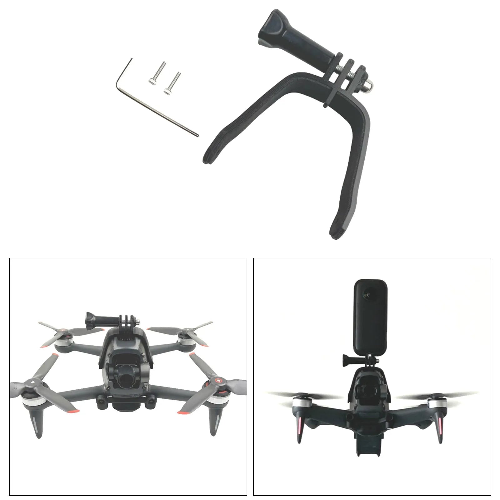 3D printed hard plastic FPV drone expansion bracket with soft sponge for top-mounting GoPro cameras.