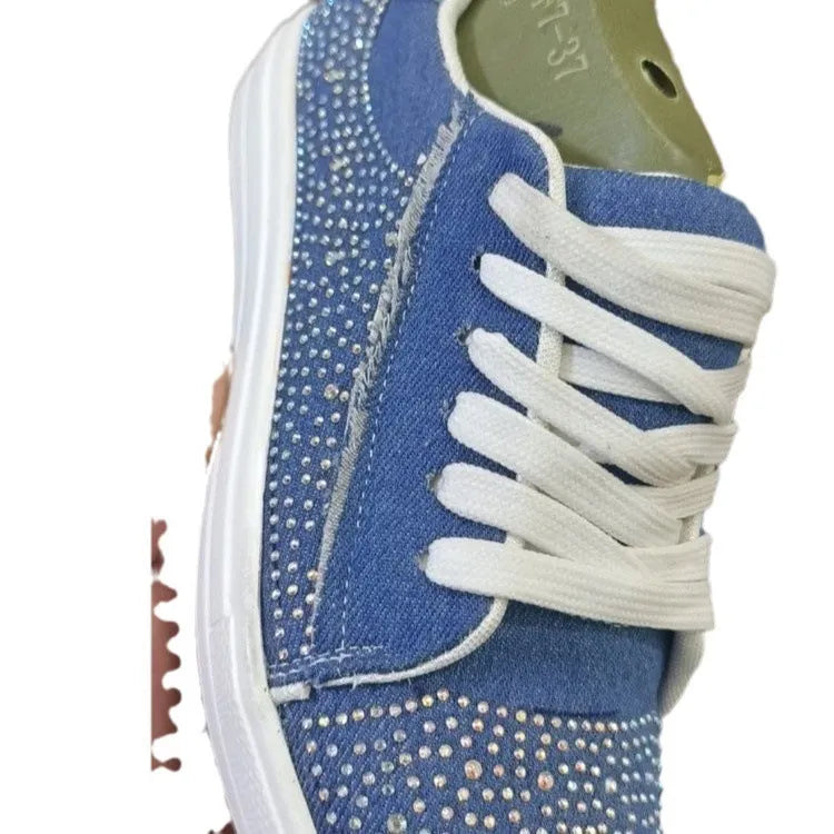 Plus size women's casual shoes with rhinestones, thick rubber soles, and front lace-up design in four colours