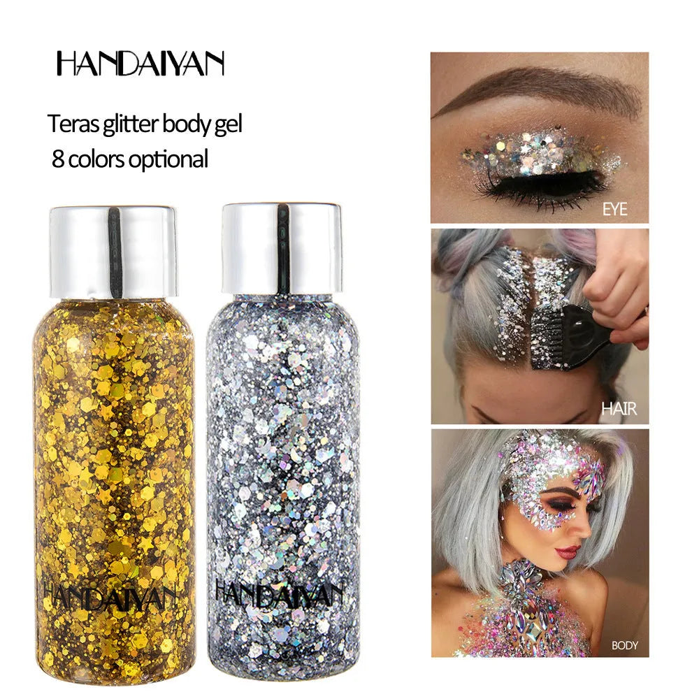 30g glitter body gel with chunky sequins in a compact pot, available in multiple colours for party makeup and nail art