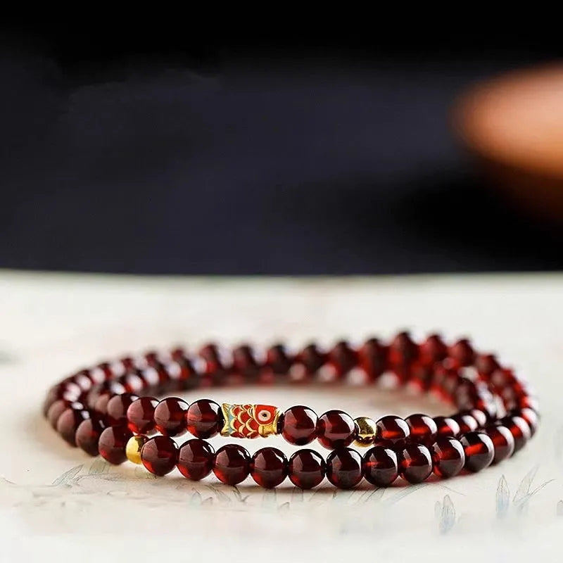 Wine red retro bracelet with glass beads and Chinese style design for women