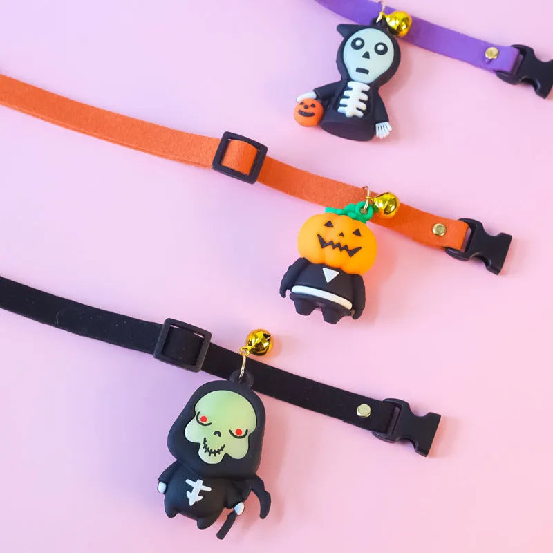 Halloween dog collar decoration in Pumpkin Man cartoon pattern showing size options.