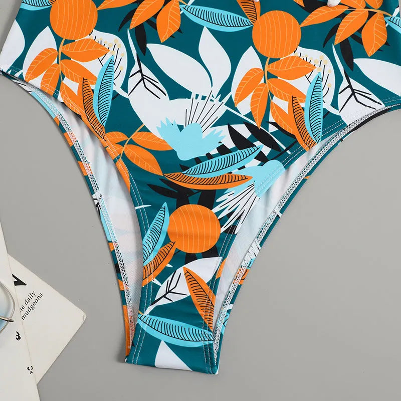 Women's high-waist one-piece bikini swimsuit in printed polyester fabric