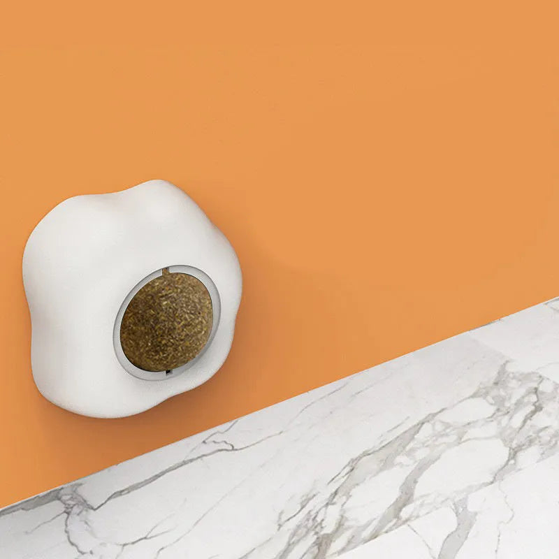 Catnip ball toy with suction cup attached to wall, showing Fried egg and Poached egg shape options