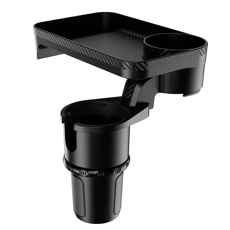 Black ABS plastic car-mounted rotating dinner tray holder with an integrated cup holder.