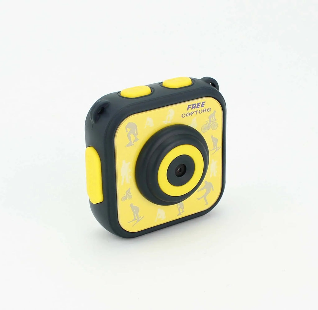 Yellow children's waterproof sports camera with 1.77-inch screen showing video playback