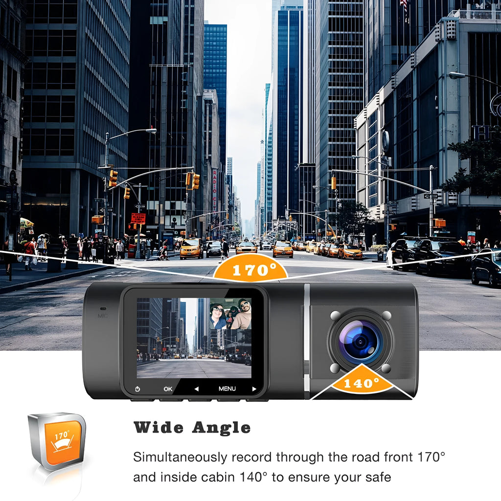 Black car dashcam on stand with 1.5-inch screen for front and rear recording.