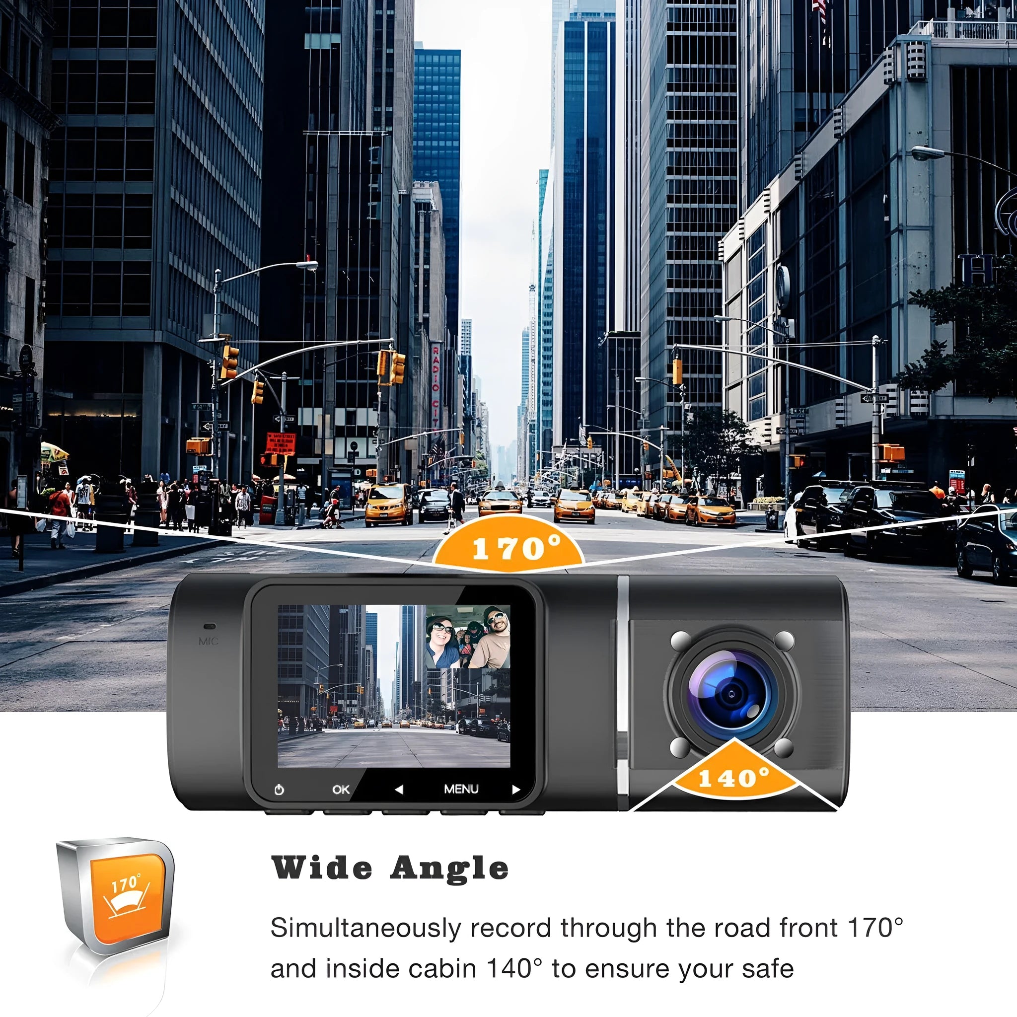 Black car dashcam on stand with 1.5-inch screen for front and rear recording.