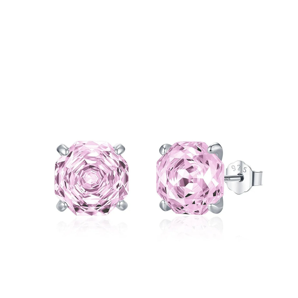 S925 sterling silver rose stud earrings for women in 6mm and 8mm sizes on a pink background.