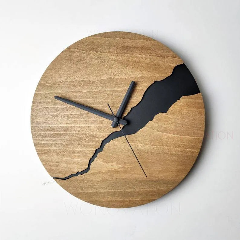Modern creative crack design wooden wall clock in a choice of five colours on a wooden shell.