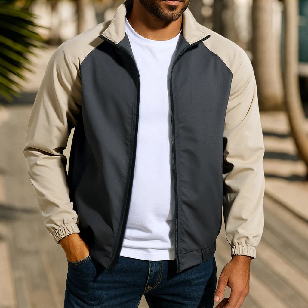 Men's casual stand collar coat in loose fit with raglan sleeves, shown in red, khaki, and green colour options