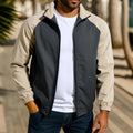 Men's casual stand collar coat in loose fit with raglan sleeves, shown in red, khaki, and green colour options