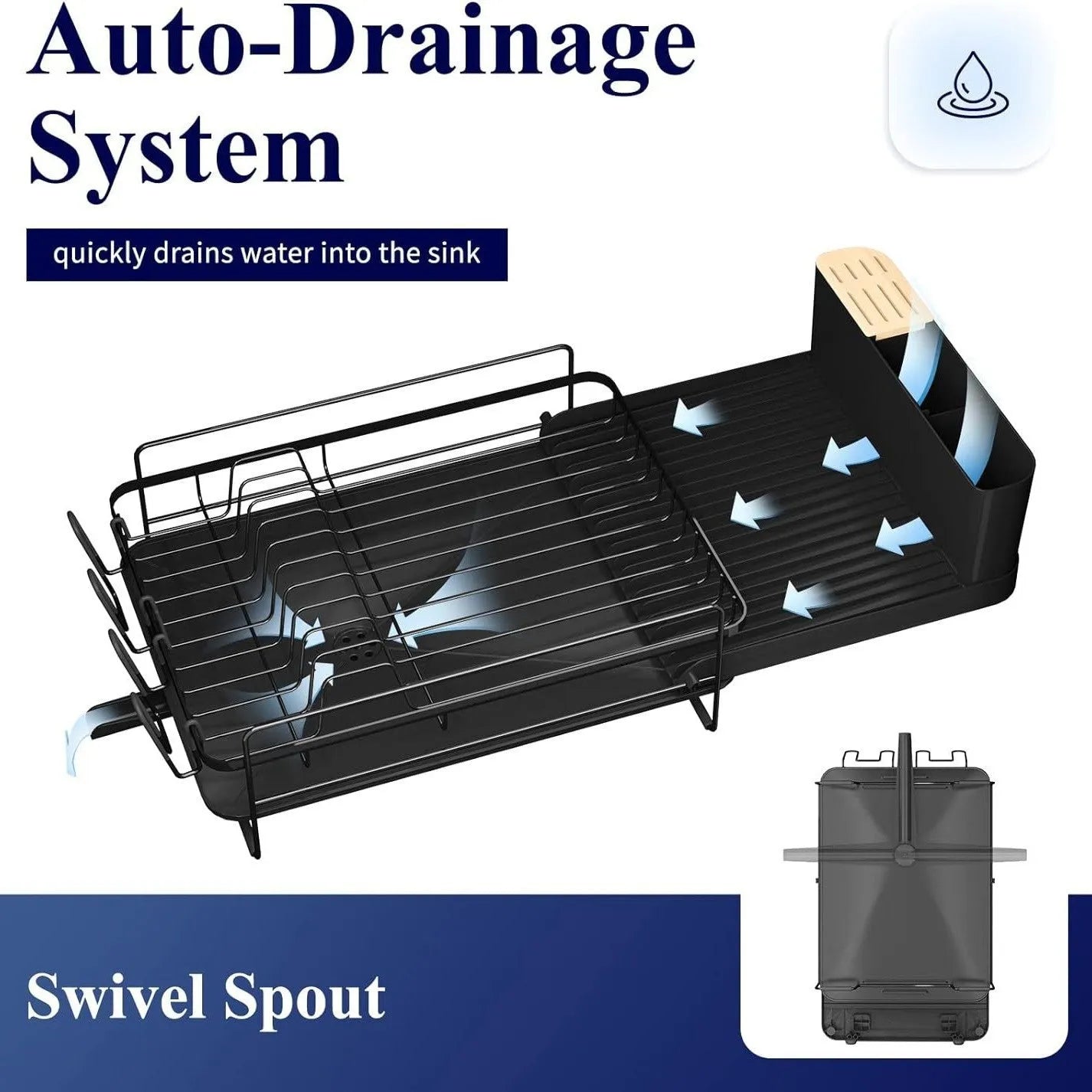 Carbon steel retractable kitchen dish rack holding cutlery and cups for drying