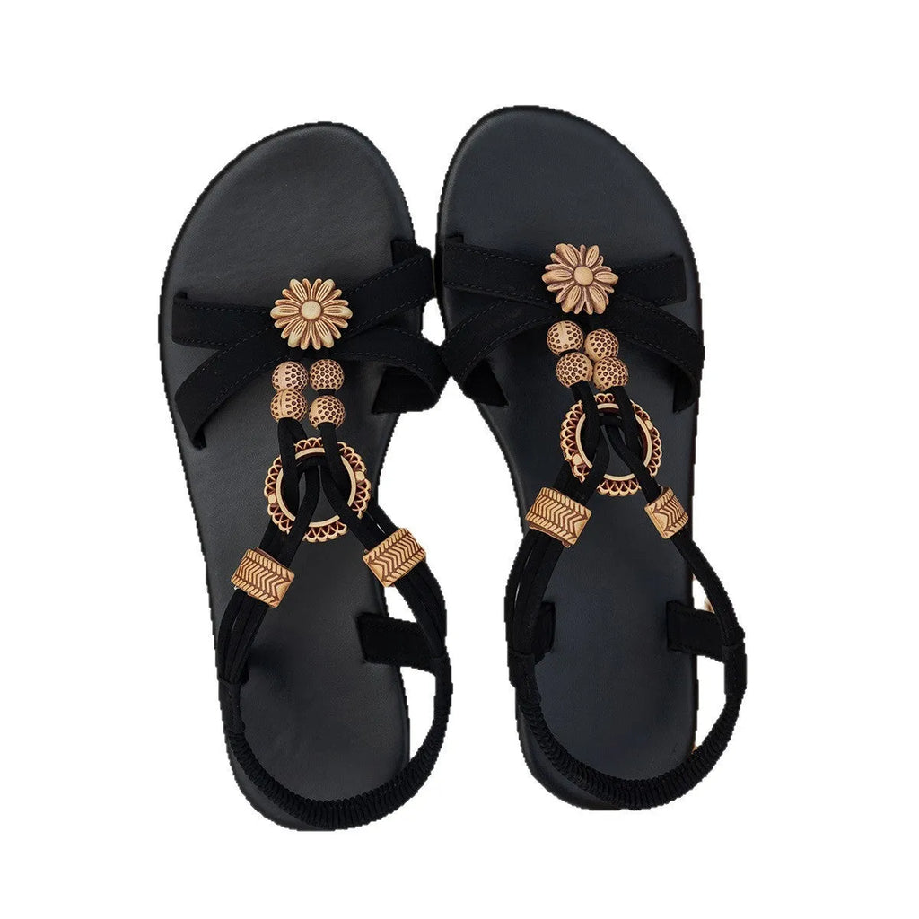Black ethnic-style women's flat beach sandals with beaded weave pattern and rhinestone belt decoration