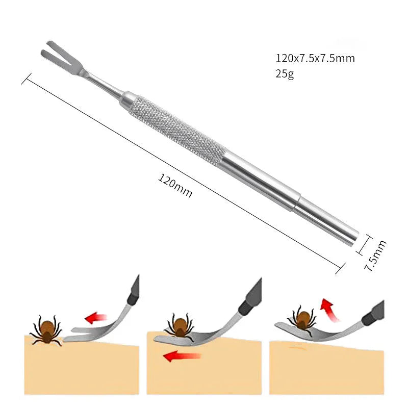 Silver stainless steel tick removal tweezers for pets with narrow slotted head