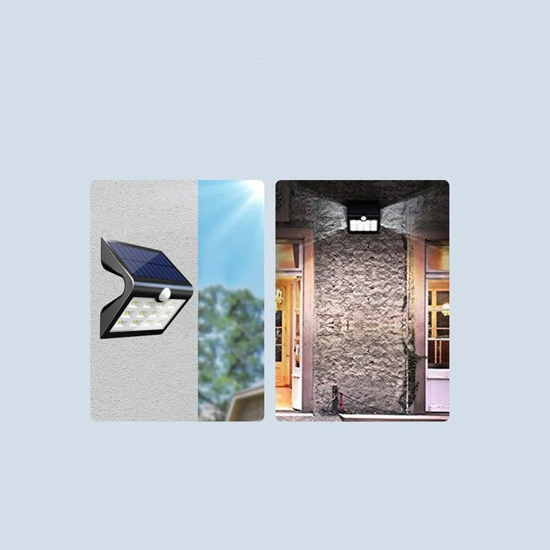 Black solar-powered outdoor wall light with motion sensor for garden and pathway lighting