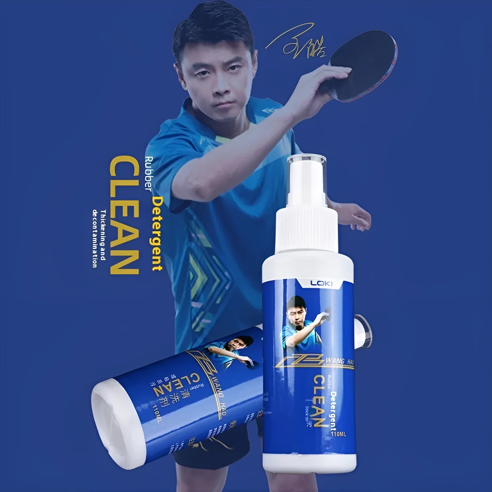 110ml bottle of table tennis rubber cleaning liquid with a sponge applicator.