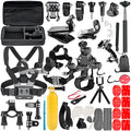 Black GoPro accessories set showing chest strap, helmet mount, and tripod stand for Hero 4, 3, 2 cameras.