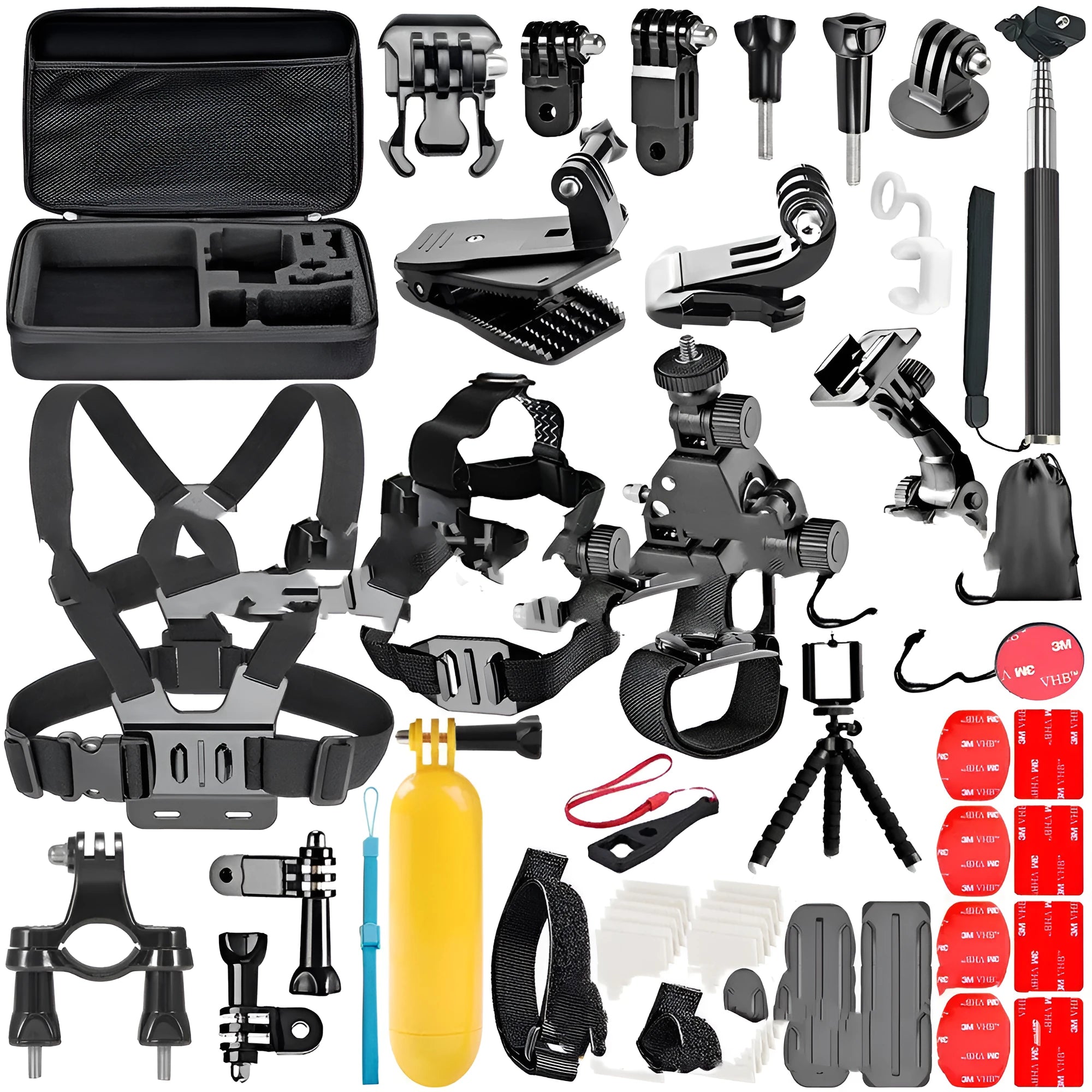Black GoPro accessories set showing chest strap, helmet mount, and tripod stand for Hero 4, 3, 2 cameras.