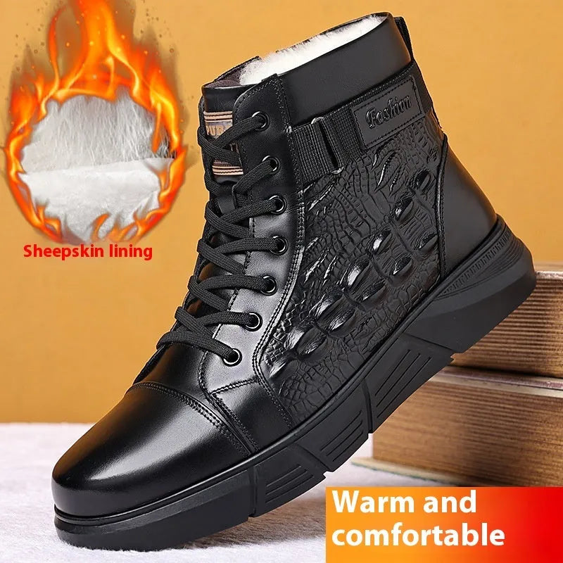Black fur-integrated genuine leather winter boots with rubber soles and front laces on a white background.