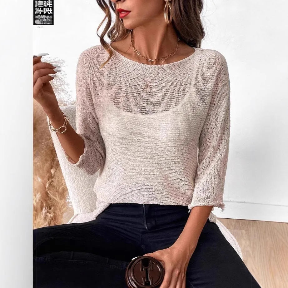 Women's thin knitted off-shoulder overall jumper in polyester fabric with 3/4 sleeves