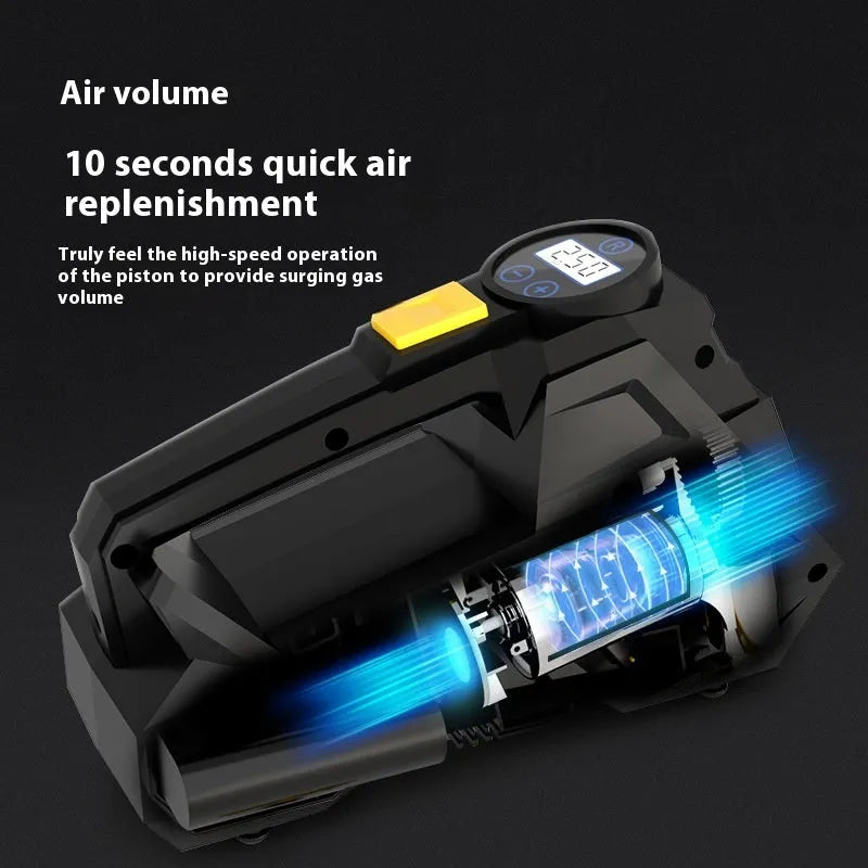 Black portable car tyre inflator with digital display and LED light, powered by 12V socket.