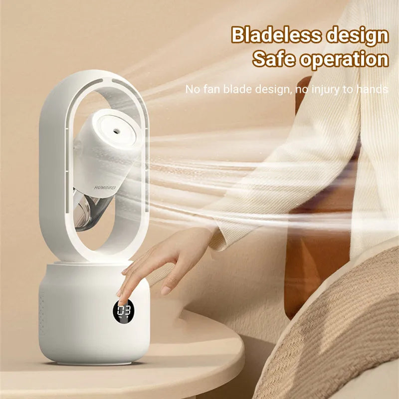 White bladeless USB rechargeable table fan with water tank and digital controls on a desk
