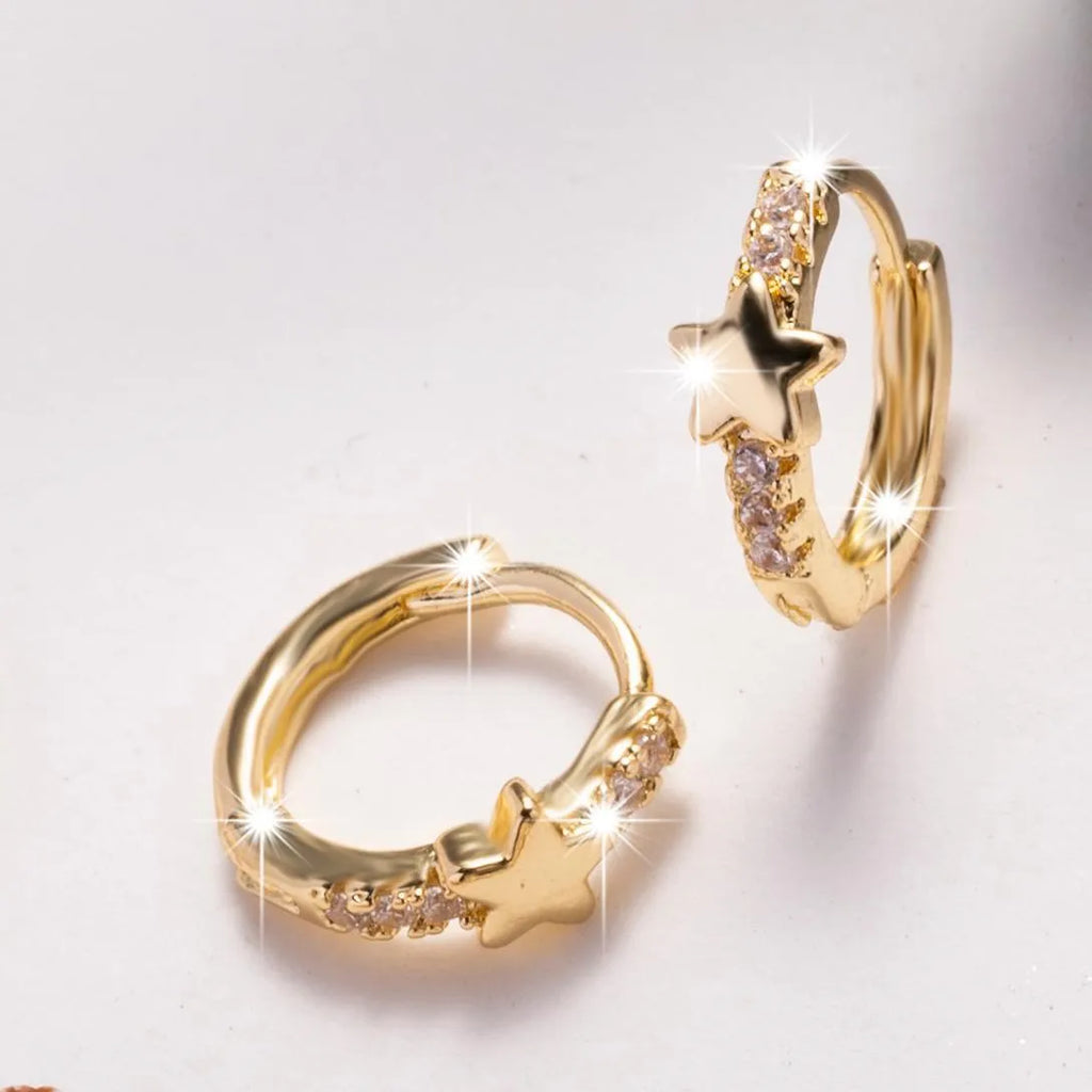 Copper inlaid zircon five-pointed star earrings in gold colour for women Korean style drop earrings