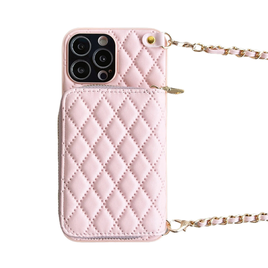 Lambskin phone case with card holder and chain strap in classic rhombic design, black colour