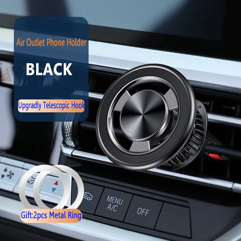 Silver and black magnetic car phone holder attached to a car air vent.