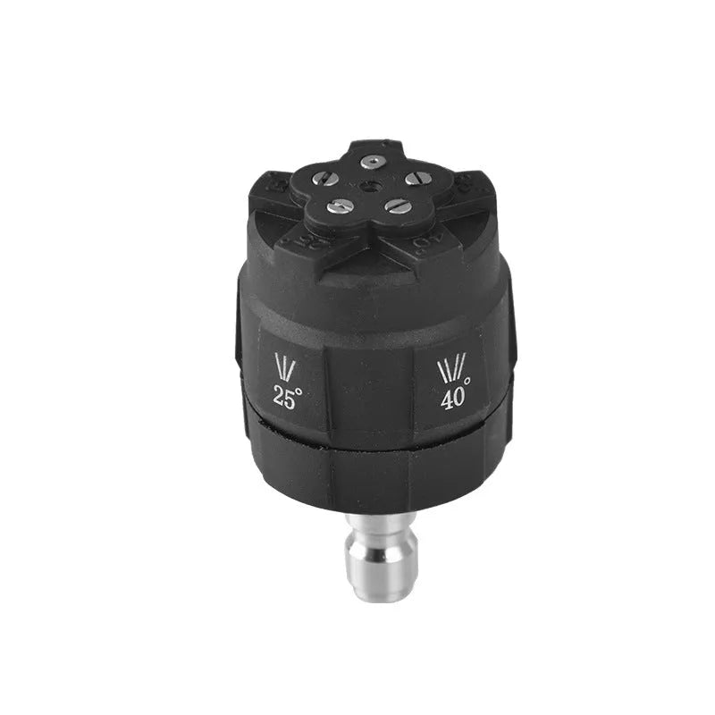 Multi-functional five-in-one spray nozzle for high-pressure water guns made from white engineering plastic.