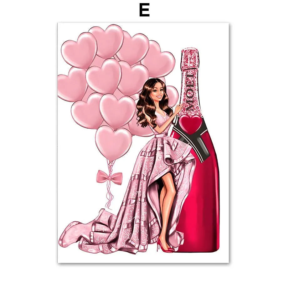 Canvas wall art print showing fashion girl cartoon design with balloon and champagne elements