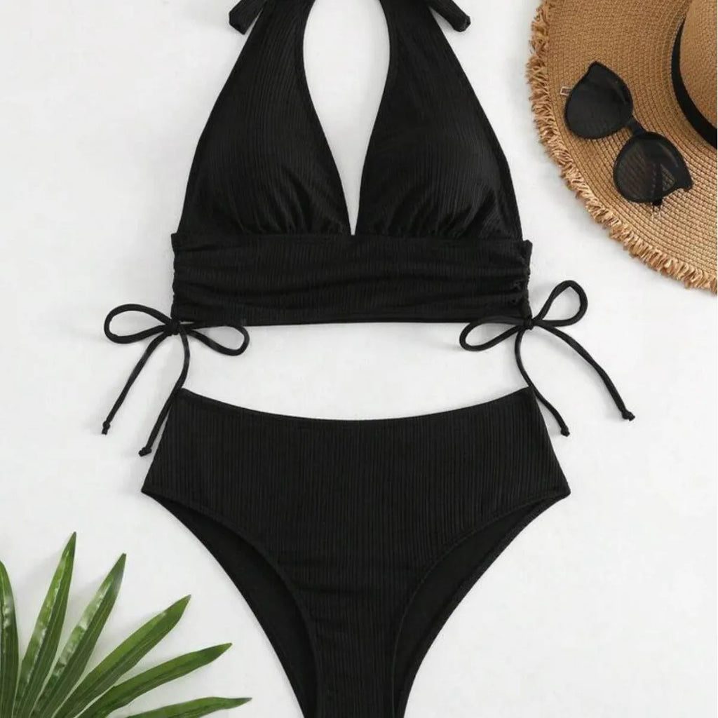 Women's black halter neck bikini set with lace-up detail on the top