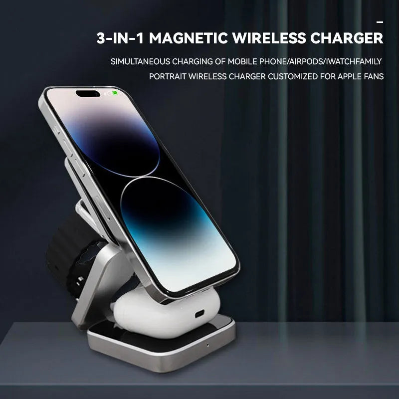 Folding three-in-one wireless charging bracket with magnetic ring on desktop