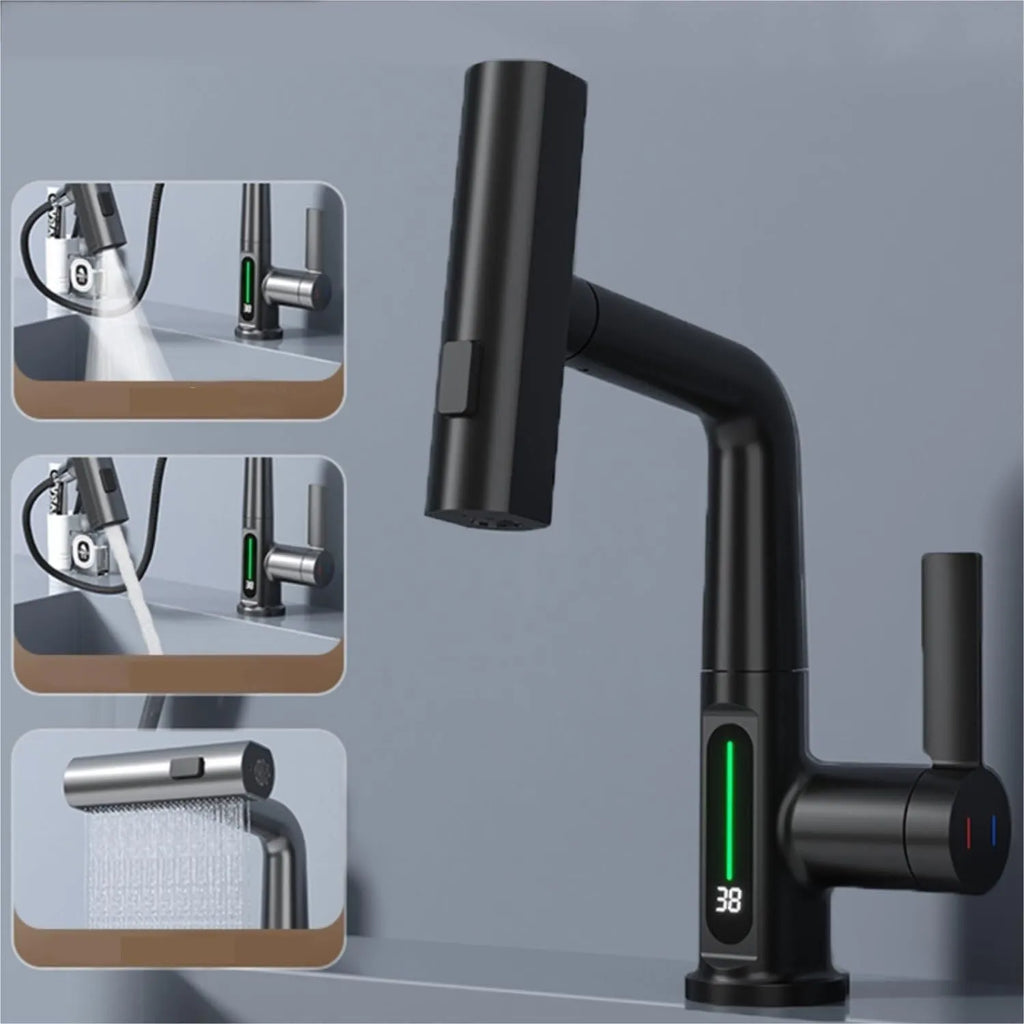 Modern pull-out kitchen faucet with digital temperature display on a black finish, showing extended hose.